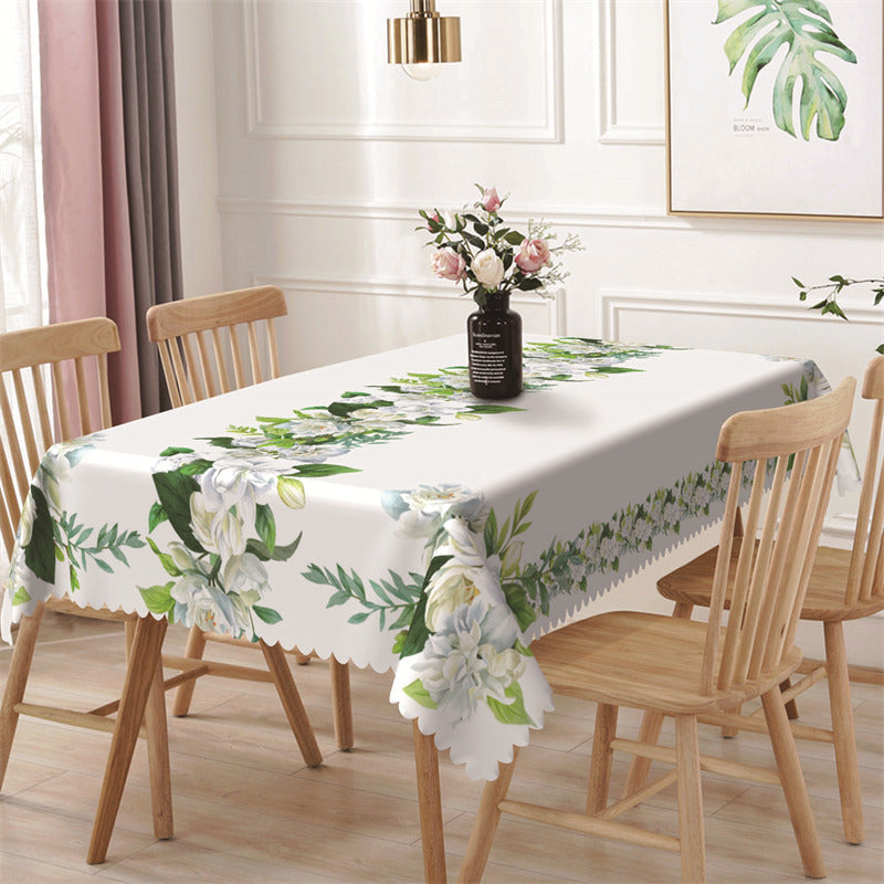 Lofaris Green Leaves White Floral Fresh Rectangle Tablecloth