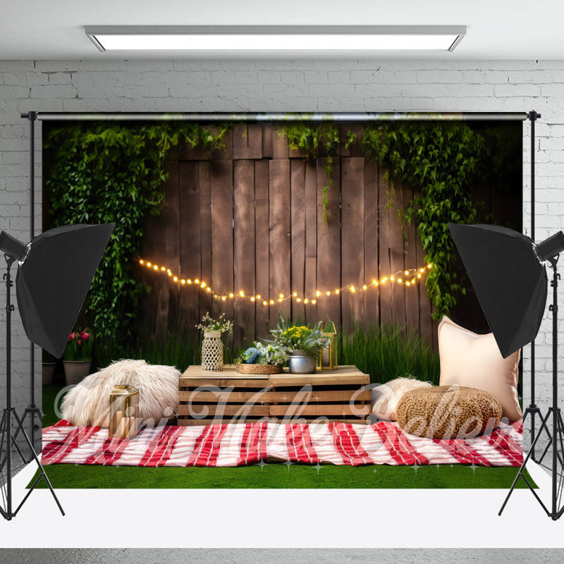 Lofaris Green Leaves Wood Fence Grass Picnic Photo Backdrop