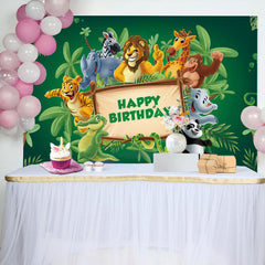 Lofaris Green Leaves Wood Sign Animals Birthday Backdrop