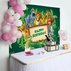 Lofaris Green Leaves Wood Sign Animals Birthday Backdrop