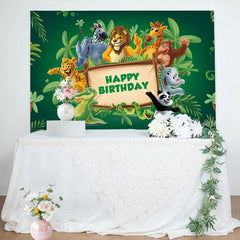 Lofaris Green Leaves Wood Sign Animals Birthday Backdrop