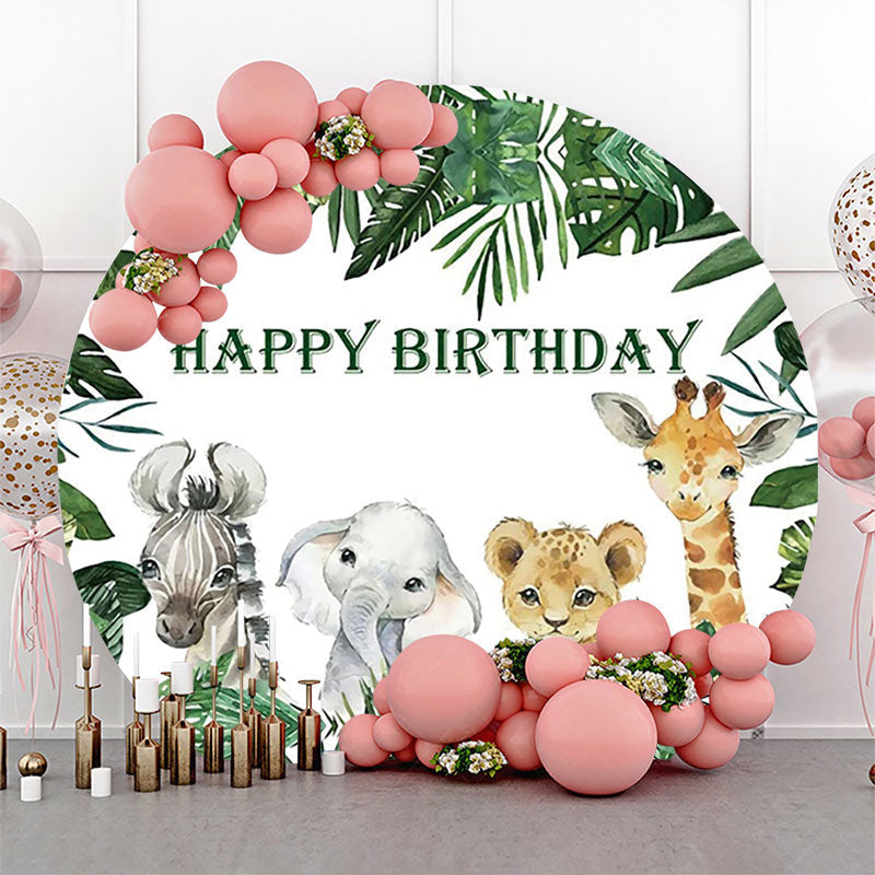 Lofaris Green Monstera Animals Safari Round Birthday Backdrop