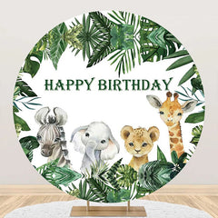 Lofaris Green Monstera Animals Safari Round Birthday Backdrop