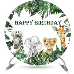 Lofaris Green Monstera Animals Safari Round Birthday Backdrop