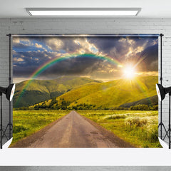 Lofaris Green Mountains Sun Rainbow Road Spring Backdrop