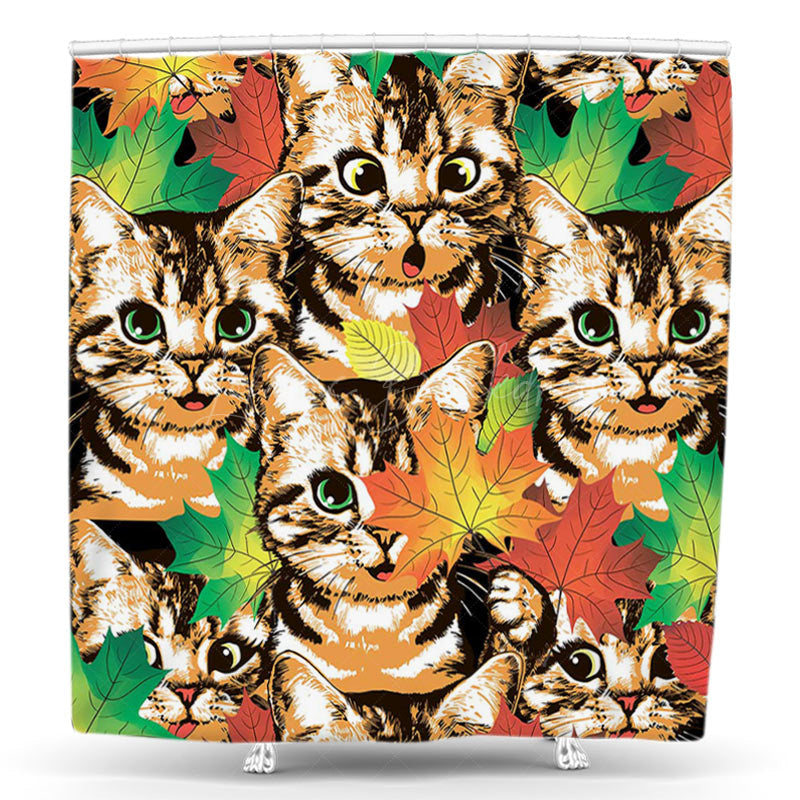 Lofaris Green Orange Maple Cute Cats Animal Shower Curtain