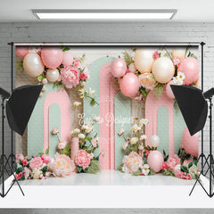 Lofaris Green Pink Arch Balloon Floral Cake Smash Backdrop