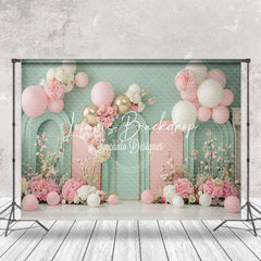 Lofaris Green Pink Arch Balloons Floral Cake Smash Backdrop