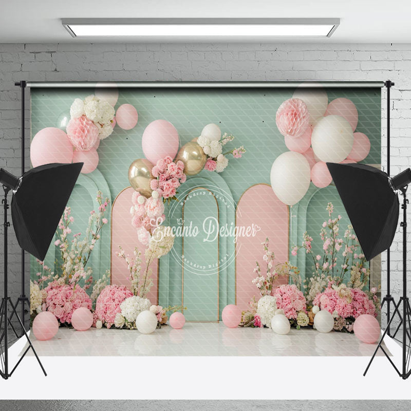 Lofaris Green Pink Arch Balloons Floral Cake Smash Backdrop