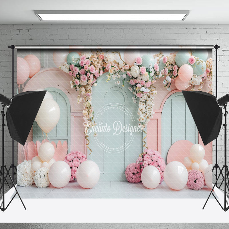 Lofaris Green Pink Balloons Floral Cake Smash Photo Backdrop