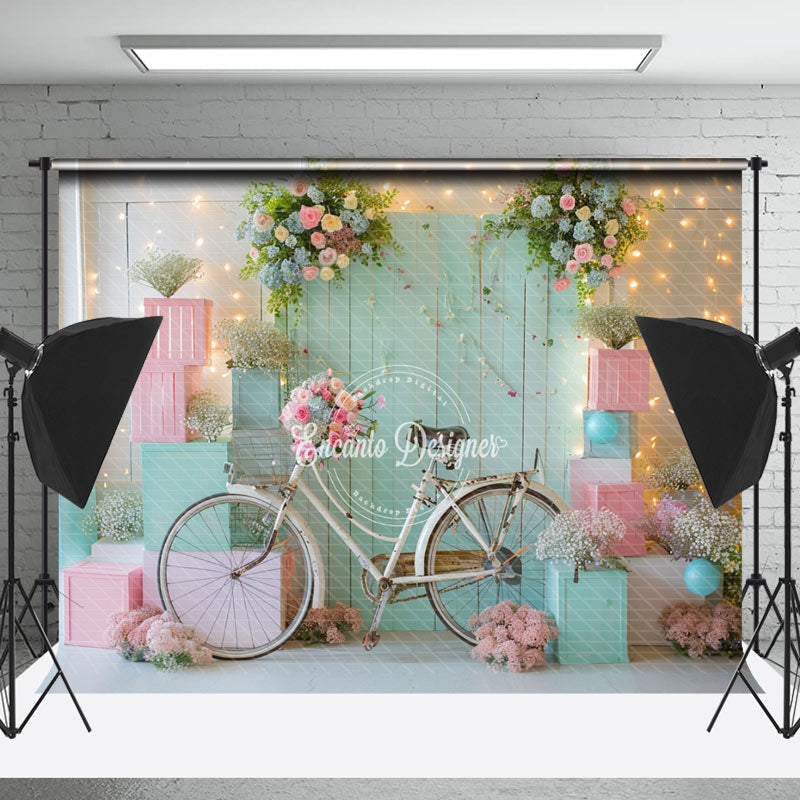 Lofaris Green Pink Bike Floral Spring Cake Smash Backdrop