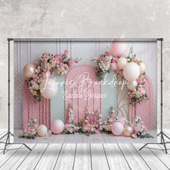 Lofaris Green Pink Floral Balloons Cake Smash Photo Backdrop