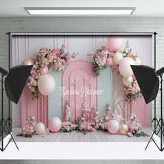 Lofaris Green Pink Floral Balloons Cake Smash Photo Backdrop