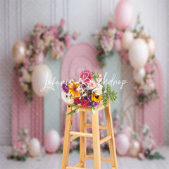 Lofaris Green Pink Floral Balloons Cake Smash Photo Backdrop