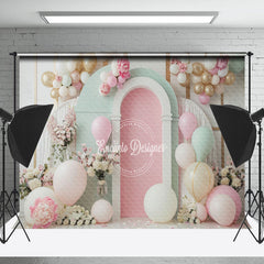 Lofaris Green Pink White Balloons Floral Cake Smash Backdrop