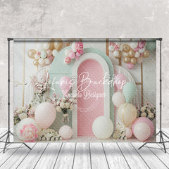 Lofaris Green Pink White Balloons Floral Cake Smash Backdrop