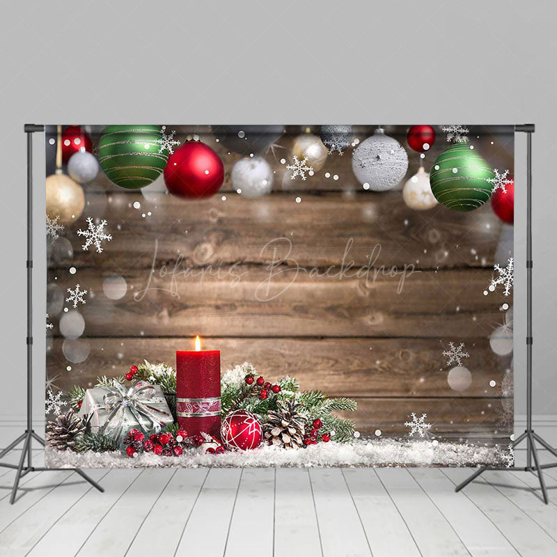 Lofaris Green Red Bell Snowy Wooden Bokeh Christmas Backdrop