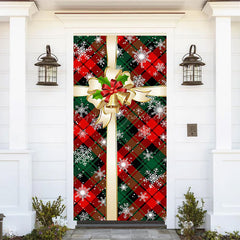 Lofaris Green Red Plaid Bow Tie Snowy Christmas Door Cover