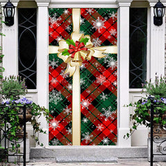 Lofaris Green Red Plaid Bow Tie Snowy Christmas Door Cover