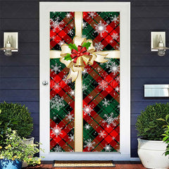 Lofaris Green Red Plaid Bow Tie Snowy Christmas Door Cover