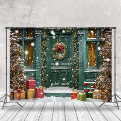 Lofaris Green Retro Door Tree Gifts Snowy Christmas Backdrop