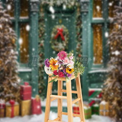 Lofaris Green Retro Door Tree Gifts Snowy Christmas Backdrop