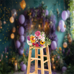 Lofaris Green Retro Wall Purple Balloons Cake Smash Backdrop