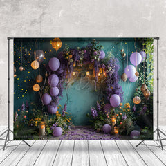 Lofaris Green Retro Wall Purple Balloons Cake Smash Backdrop