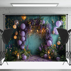 Lofaris Green Retro Wall Purple Balloons Cake Smash Backdrop