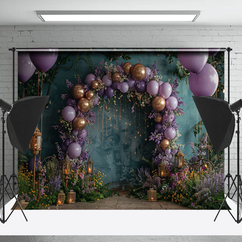 Lofaris Green Retro Wall Purple Balloons Wedding Backdrop