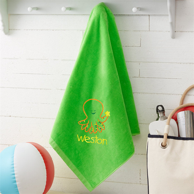 Lofaris Green Sea Creatures Name Embroidered Beach Towel