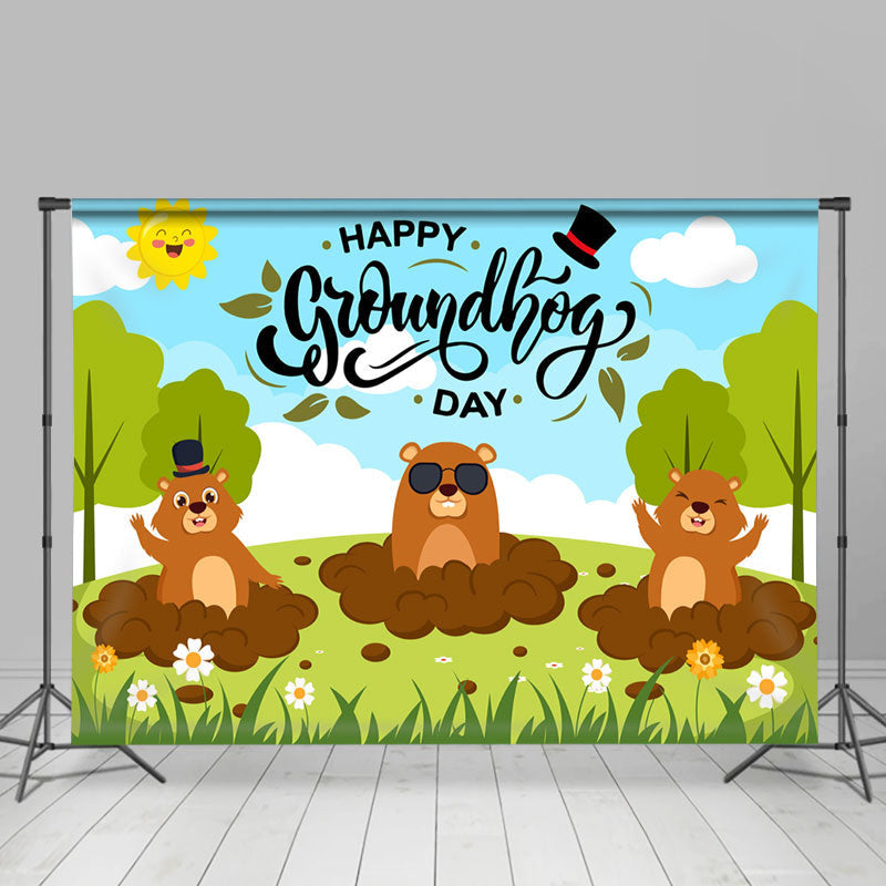 Lofaris Green Tree Marmots Happy Groundhog Day Backdrop