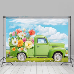 Lofaris Green Truck Full Of Flowers Blue Sky Spring Backdrop