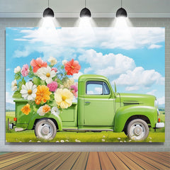 Lofaris Green Truck Full Of Flowers Blue Sky Spring Backdrop