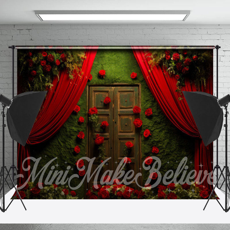 Lofaris Green Wall Door Red Roses Curtain Floral Backdrop