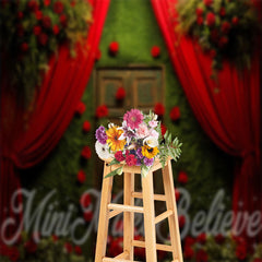 Lofaris Green Wall Door Red Roses Curtain Floral Backdrop