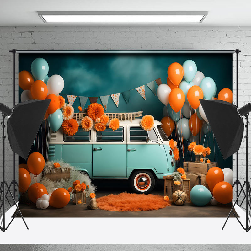 Lofaris Green White Car Balloons Floral Cake Smash Backdrop