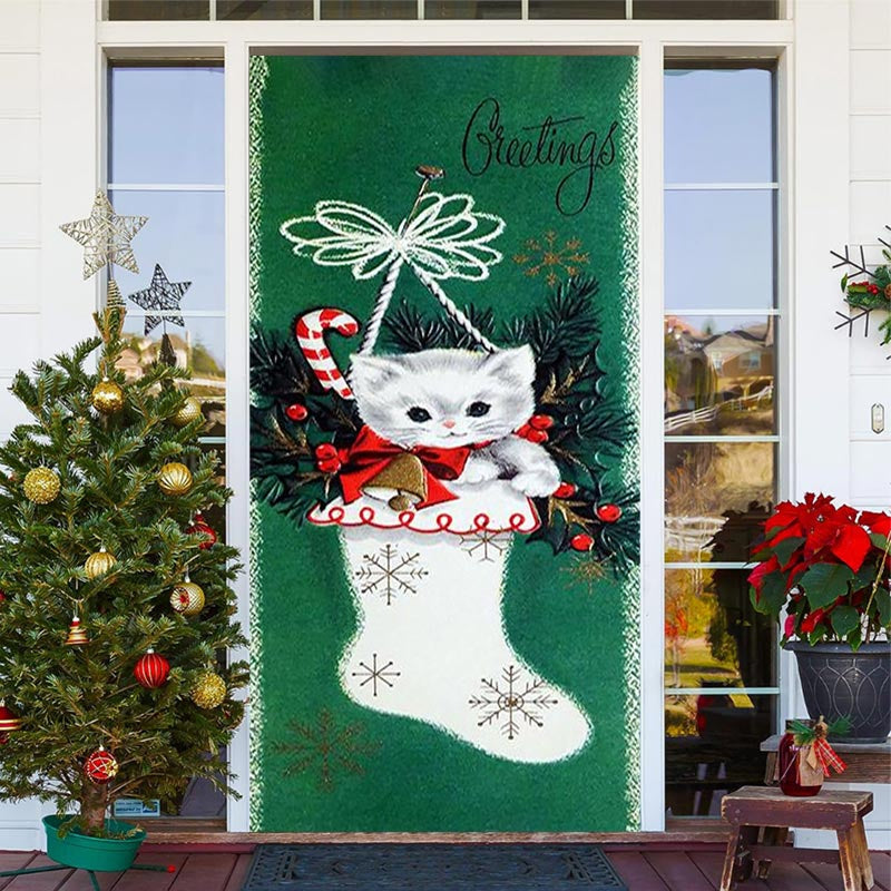 Lofaris Green White Cat Sock Greetings Christmas Door Cover