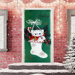 Lofaris Green White Cat Sock Greetings Christmas Door Cover