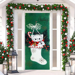 Lofaris Green White Cat Sock Greetings Christmas Door Cover