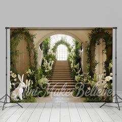 Lofaris Green White Floral Palace Stairs Easter Backdrop