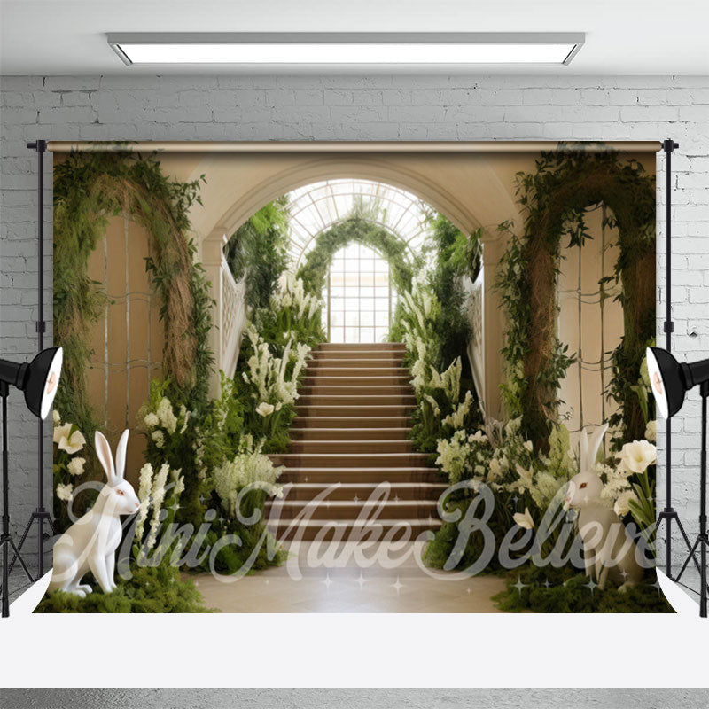 Lofaris Green White Floral Palace Stairs Easter Backdrop