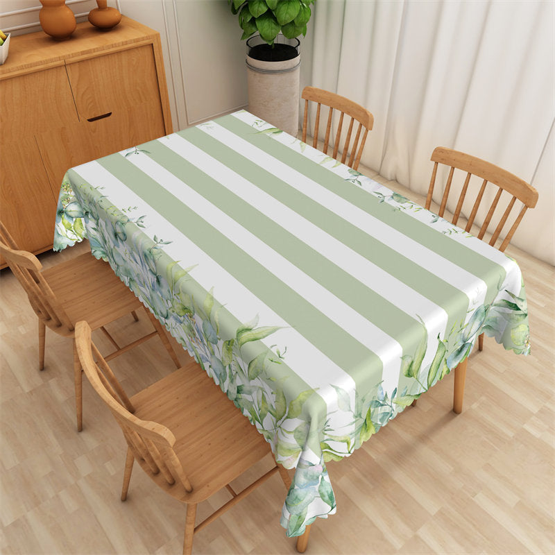 Lofaris Green White Stripes Leaves Rectangle Tablecloth