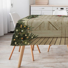 Lofaris Green Xmas Tree Wood Door Brick Christmas Tablecloth