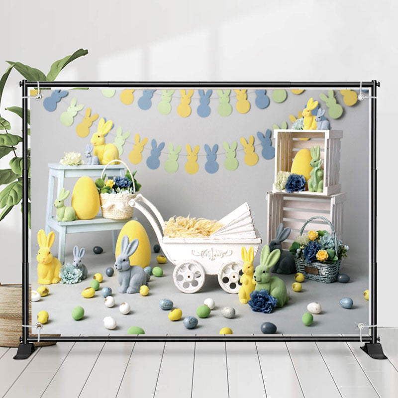 Lofaris Green Yellow Bunny Eggs Trolley Easter Backdrop