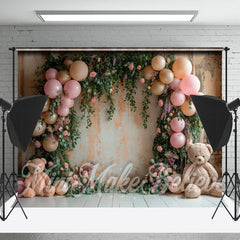 Lofaris Greenery Balloon Bear Birthday Cake Smash Backdrop