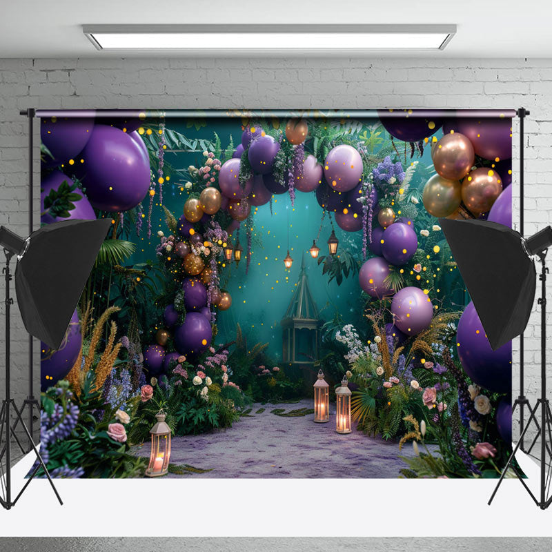 Lofaris Greenery Purple Arch Balloons Cake Smash Backdrop