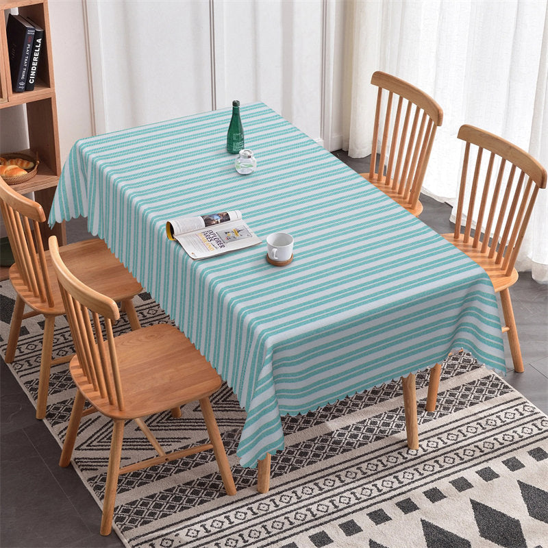 Lofaris Grey And Cyan Horizontal Stripes Kitchen Tablecloth