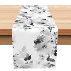 Lofaris Grey Black Floral Watercolor Fabric Table Runner