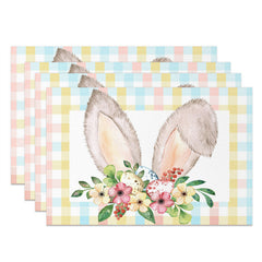 Lofaris Grey Bunny Ear Plaid Floral Leaf Set Of 4 Placemats